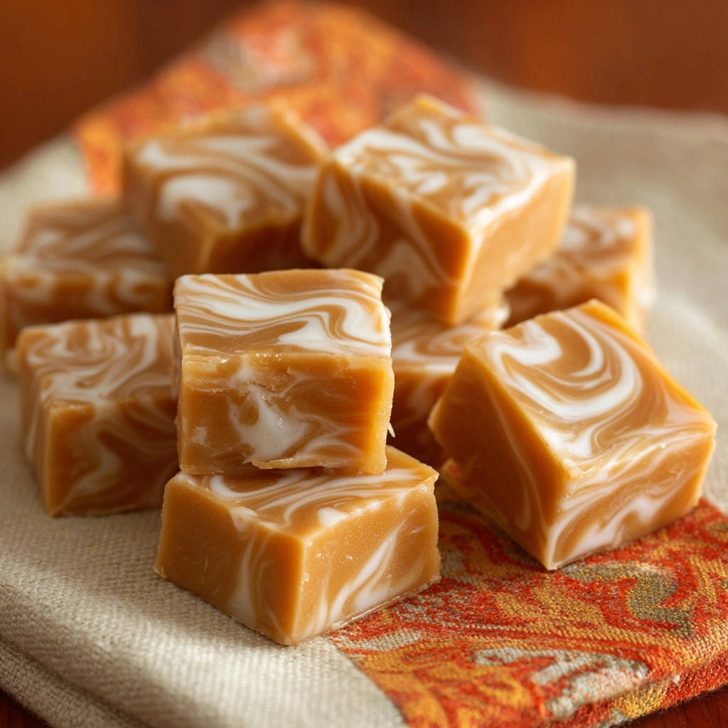 Creamy peanut butter swirl fudge pieces stacked on a decorative napkin, showcasing their marbled texture.