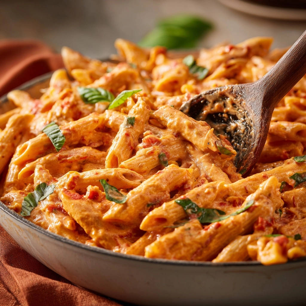 Creamy penne pasta with a wooden spoon scooping a generous portion, showcasing the clingy sauce.