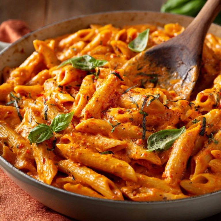 Creamy penne pasta with a wooden spoon stirring the sauce, garnished with fresh basil leaves.