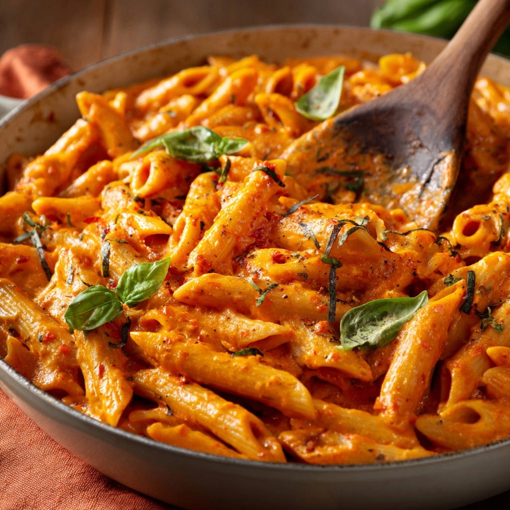 Creamy penne pasta with a wooden spoon stirring the sauce, garnished with fresh basil leaves.