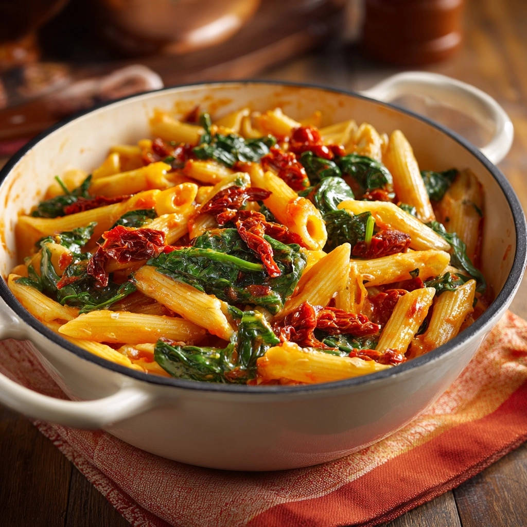 Creamy penne with spinach and sun-dried tomatoes in a white serving bowl, close-up detail of ingredients.