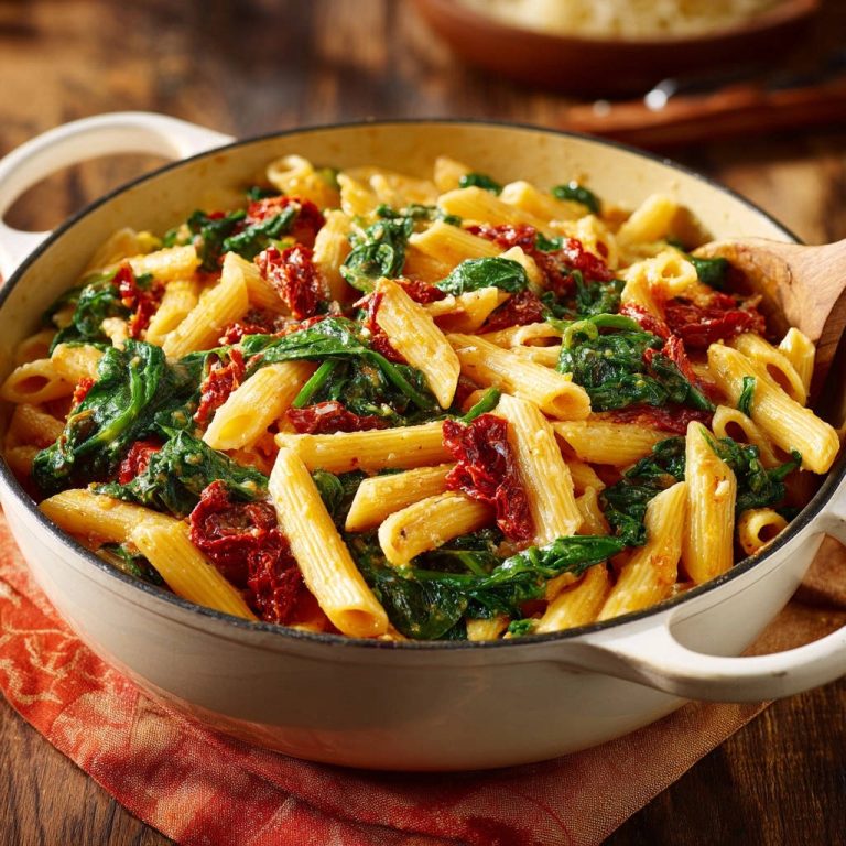 Creamy penne with spinach and sun-dried tomatoes served in a white dutch oven on a rustic table.