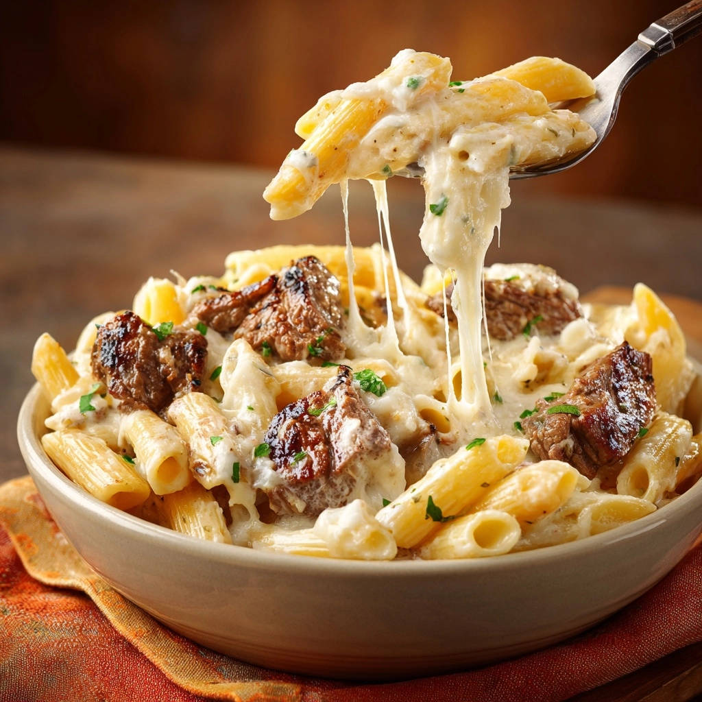 Creamy penne with seared steak bites, with a fork pulling up cheesy pasta.