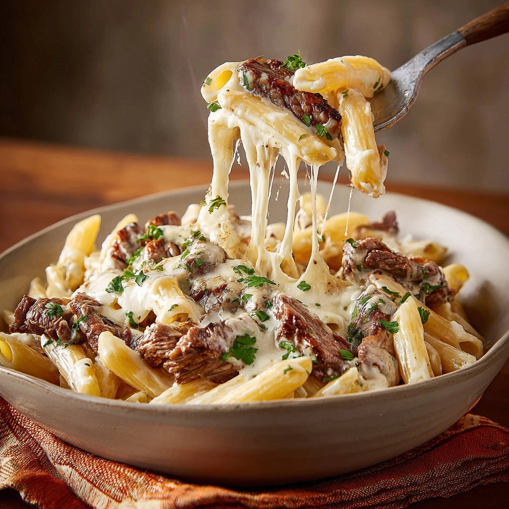 Creamy penne with seared steak bites, with a forkful showing the gooey cheese pull.