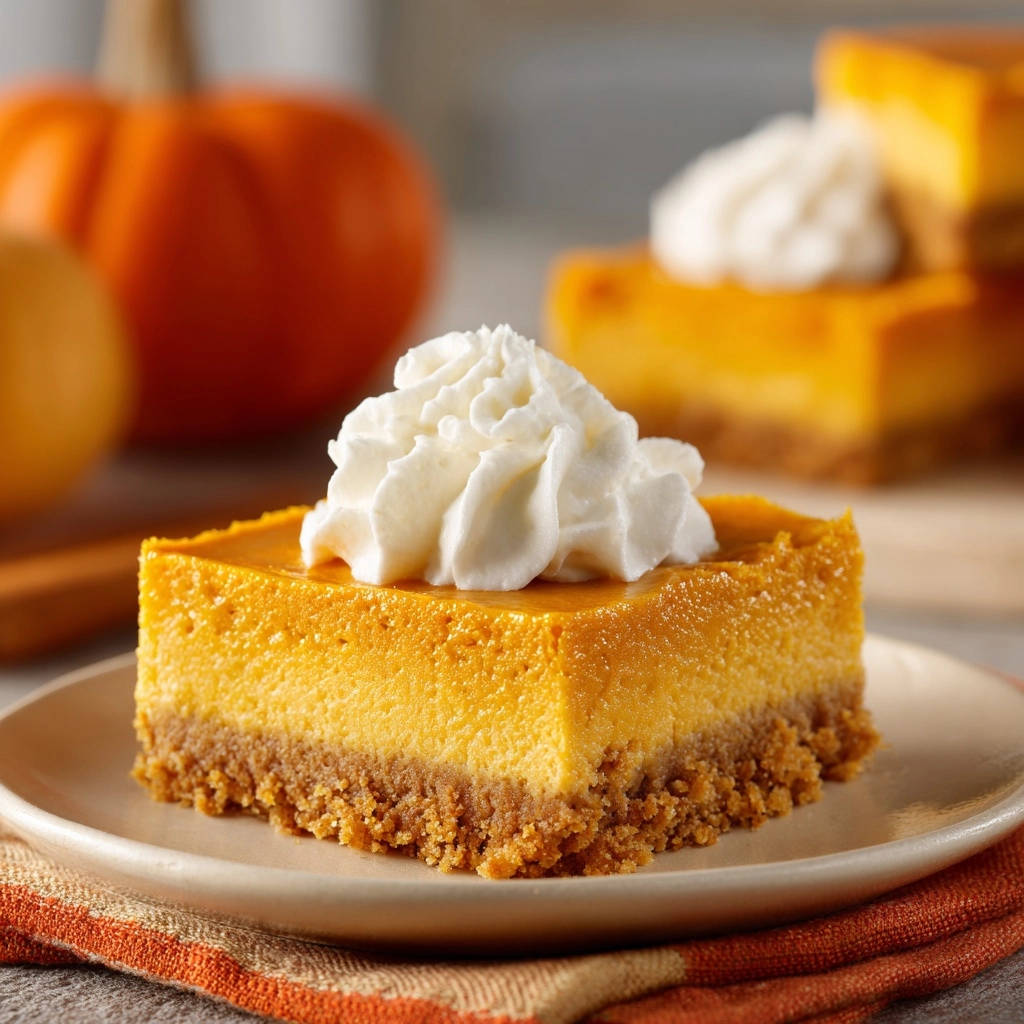 Creamy pumpkin pie bars plated with whipped cream, showing a graham cracker crust and smooth filling.