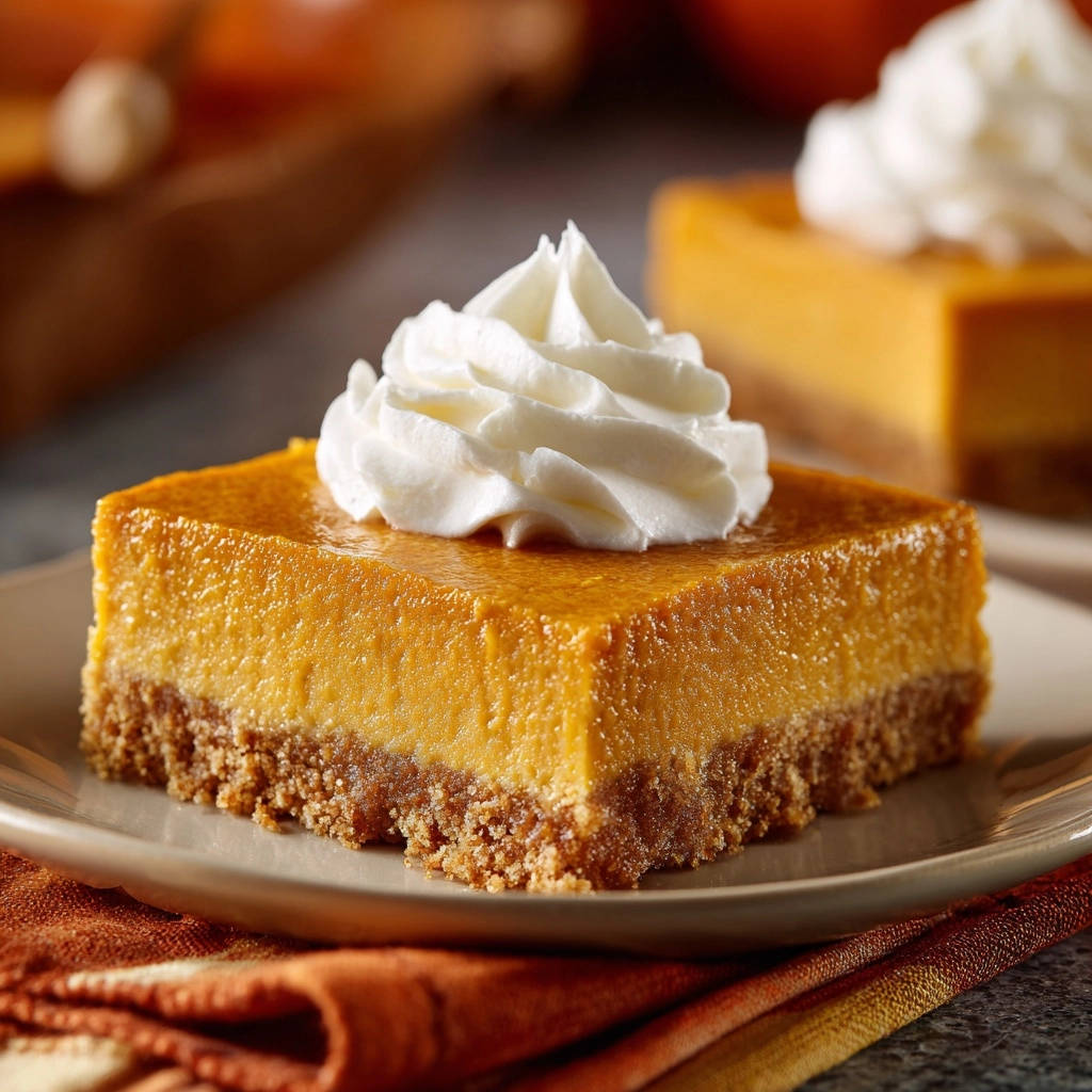Creamy pumpkin pie bars with whipped cream topping, served on a plate with a graham cracker crust.