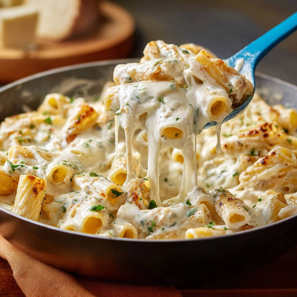 Creamy rigatoni Alfredo with a spoonful lifting to show the clingy, cheesy sauce.