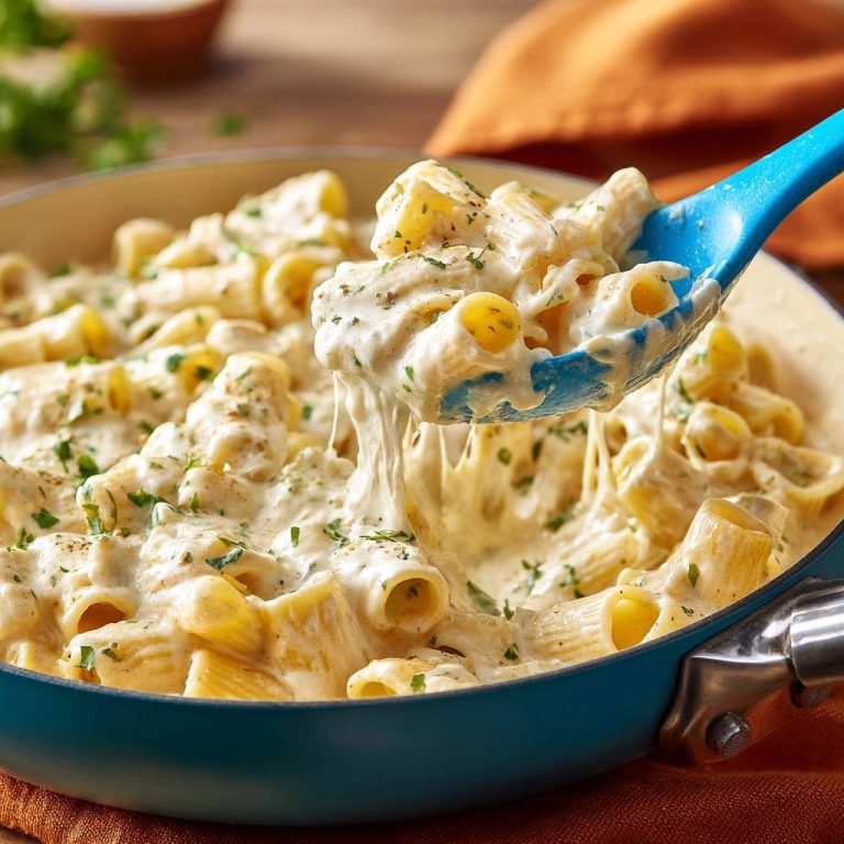 Creamy rigatoni alfredo with a clingy sauce being lifted from the pan with a blue spoon.