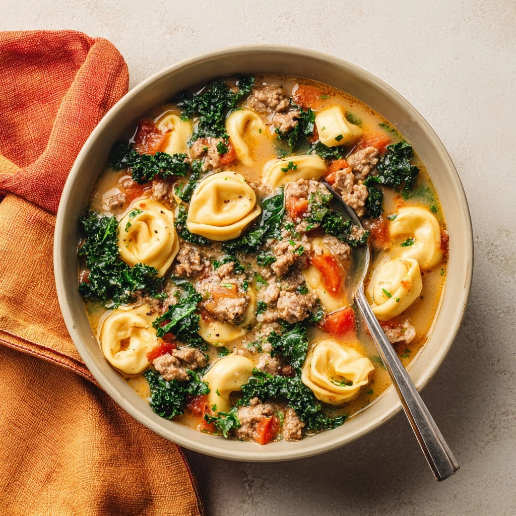 Creamy sausage and tortellini soup shown in a rustic bowl with a spoon, featuring kale and tomatoes.
