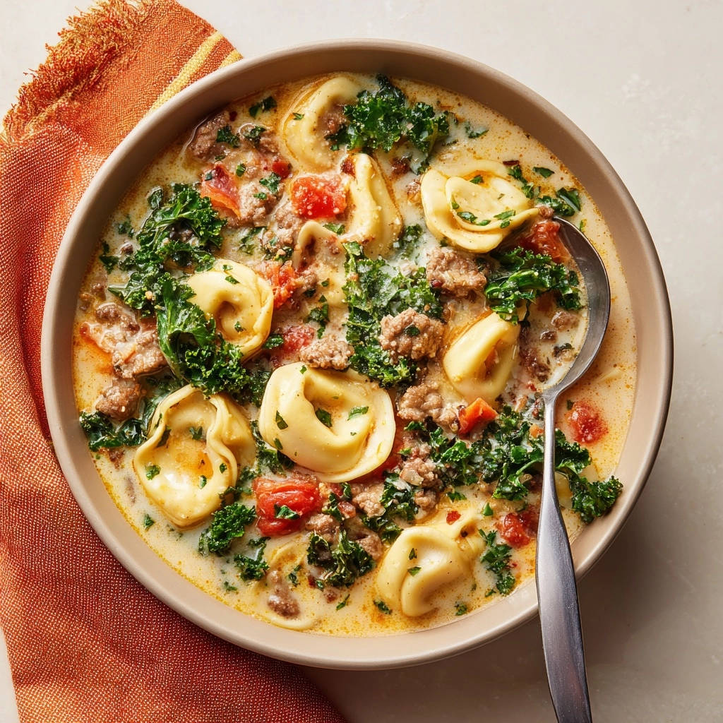 Creamy sausage and tortellini soup in a bowl, showcasing tender pasta and greens from an overhead view.