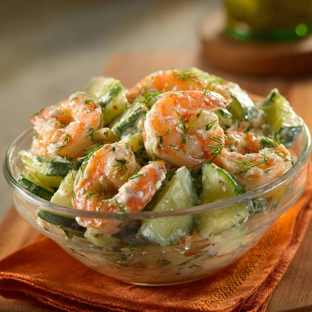 Creamy shrimp and cucumber salad shown in a clear glass bowl, featuring a close-up view of the ingredients and creamy dressing.