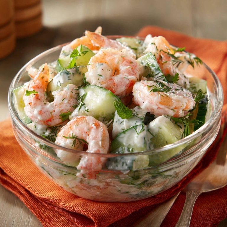 Creamy shrimp and cucumber salad shown in a glass bowl, featuring a close-up view of the ingredients and creamy dressing.