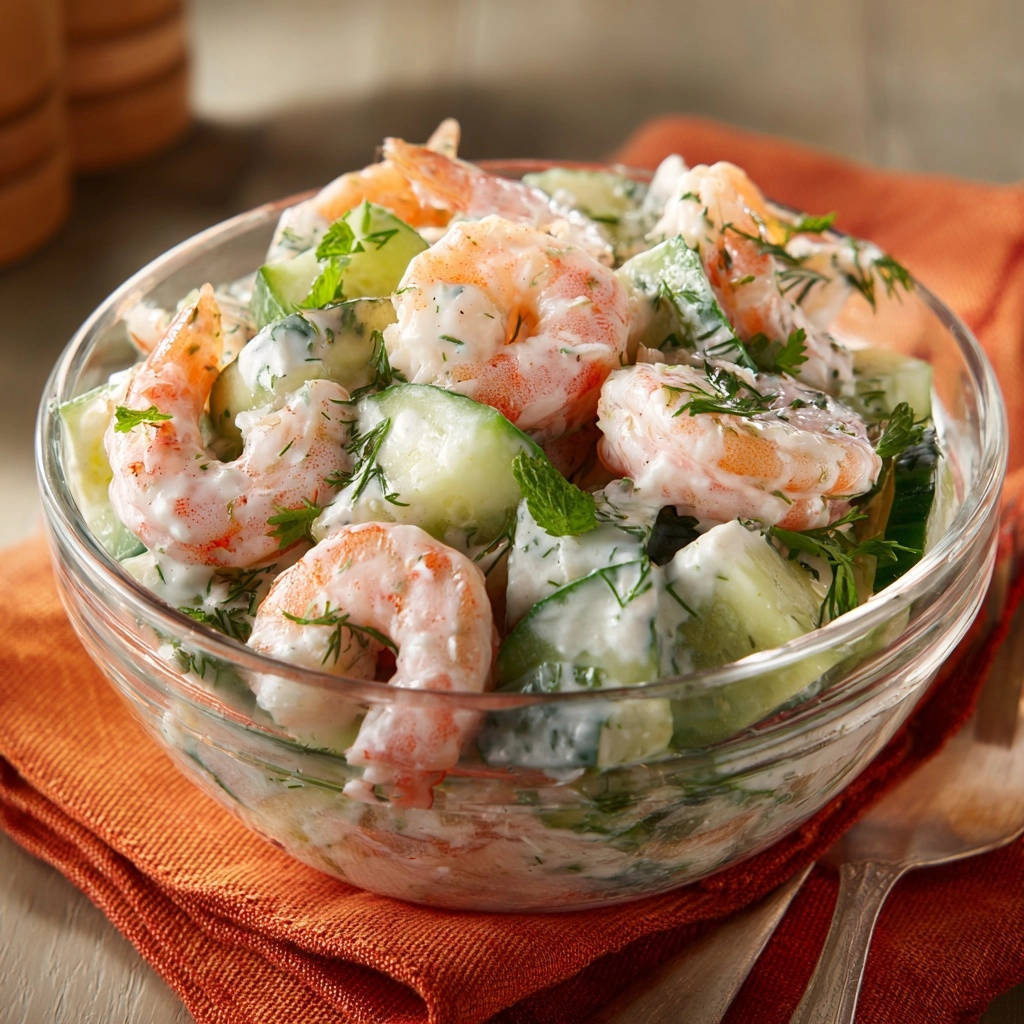 Creamy shrimp and cucumber salad shown in a glass bowl, featuring a close-up view of the ingredients and creamy dressing.