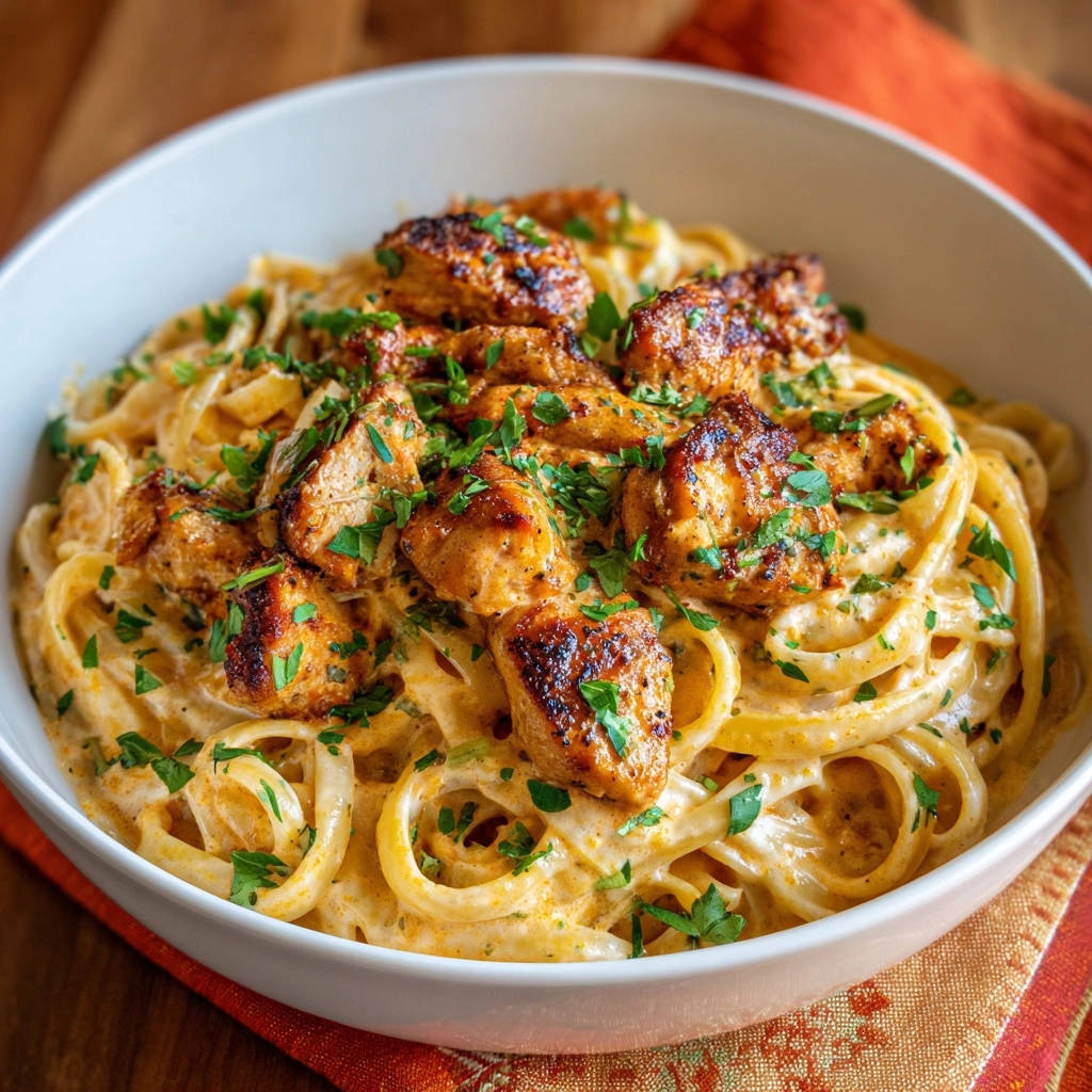Creamy spiced chicken pasta in a white bowl, featuring tender pasta coated in a rich sauce and topped with seasoned chicken pieces and fresh parsley.