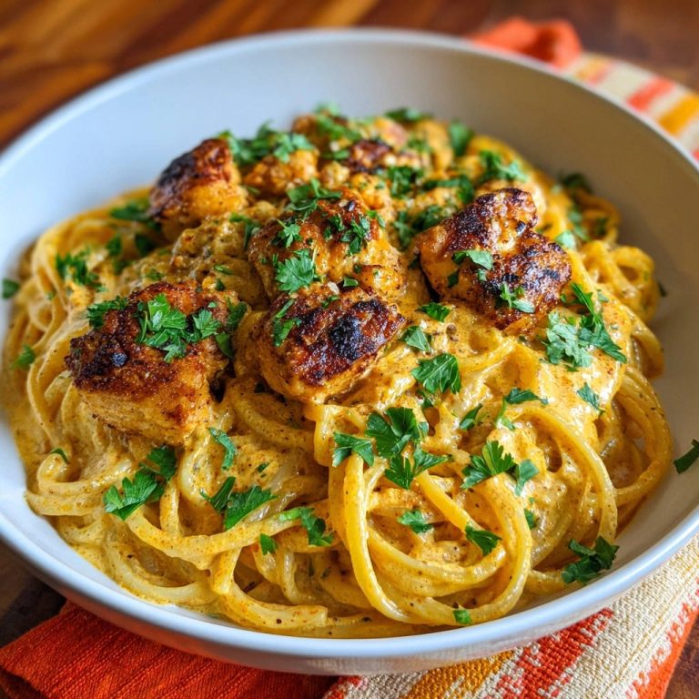Creamy spiced chicken pasta with a clingy sauce, garnished with fresh parsley, shown in a close-up view.