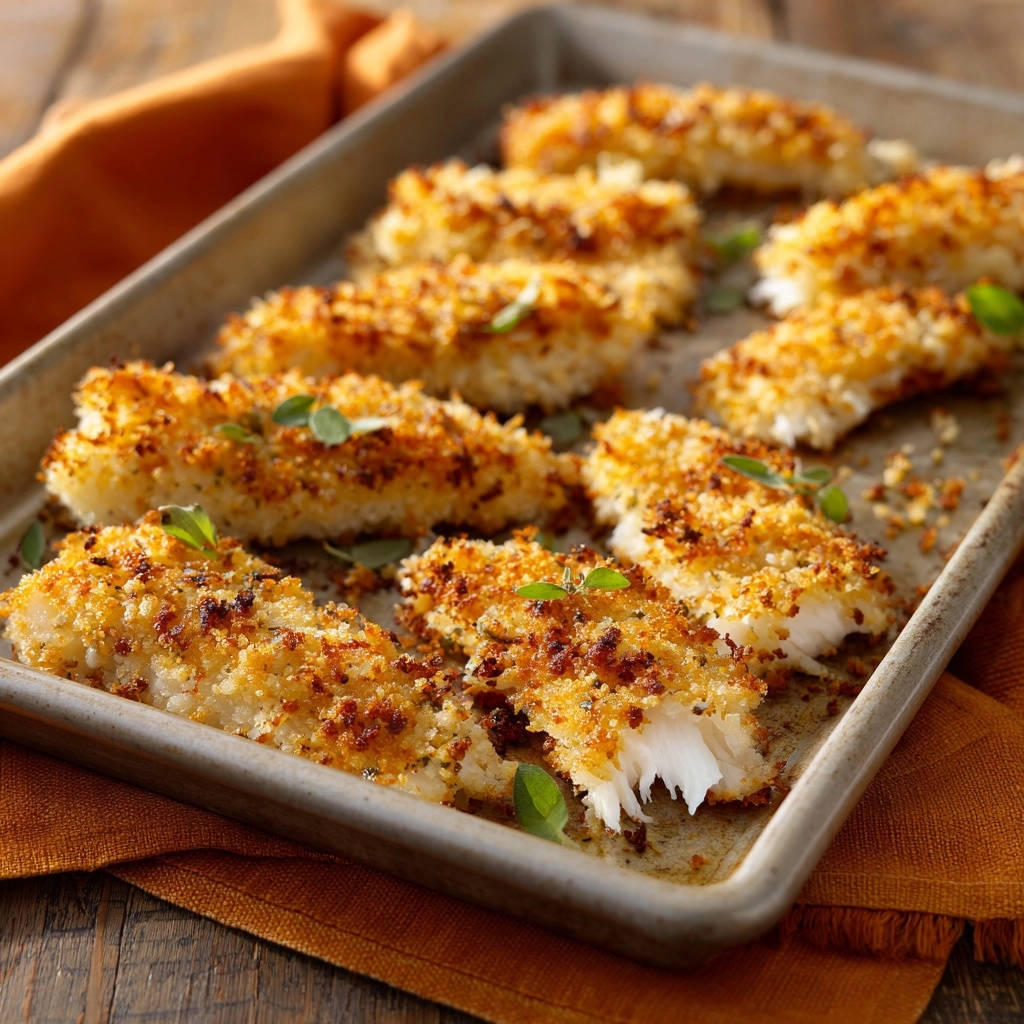 Crispy baked fish showing a golden crumb coating and tender white flakes, garnished with fresh herbs.