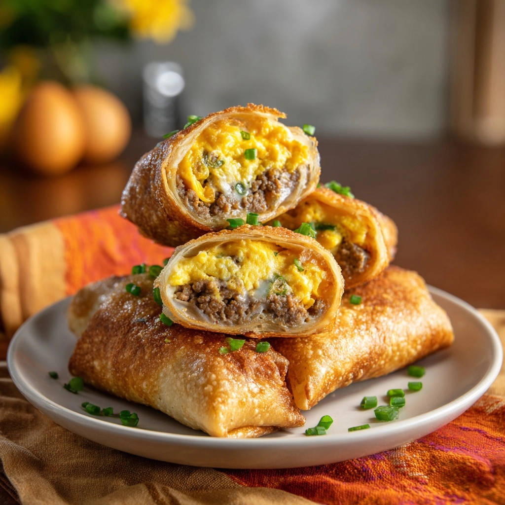 Crispy breakfast wraps cross-section with a savory filling and green onion garnish, showcasing the interior layers.
