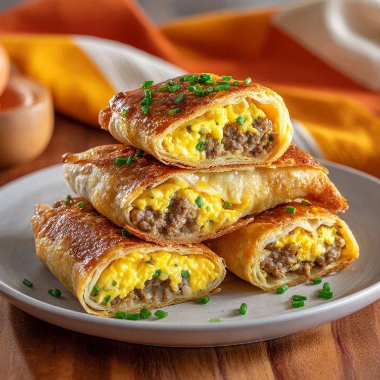 Crispy breakfast wraps cross-section showing a stack filled with scrambled eggs and sausage, garnished with chives.