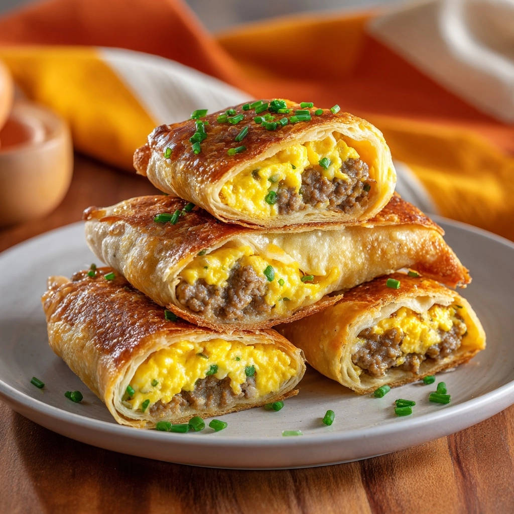Crispy breakfast wraps cross-section showing a stack filled with scrambled eggs and sausage, garnished with chives.