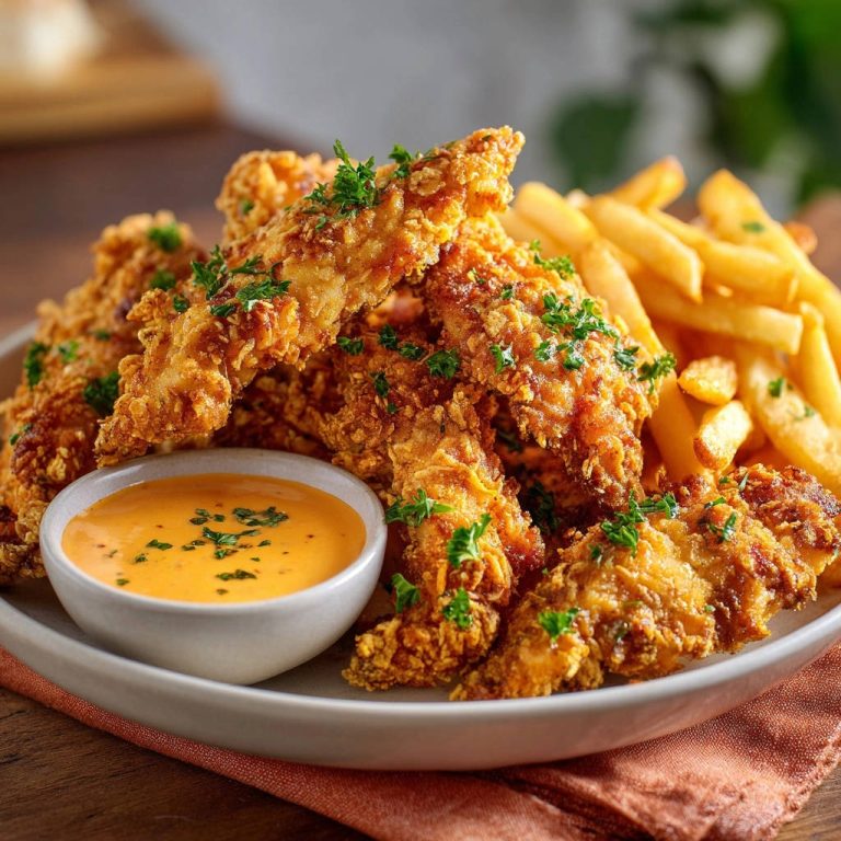 Crispy chicken tenders plated with french fries and a dipping sauce, garnished with fresh parsley.