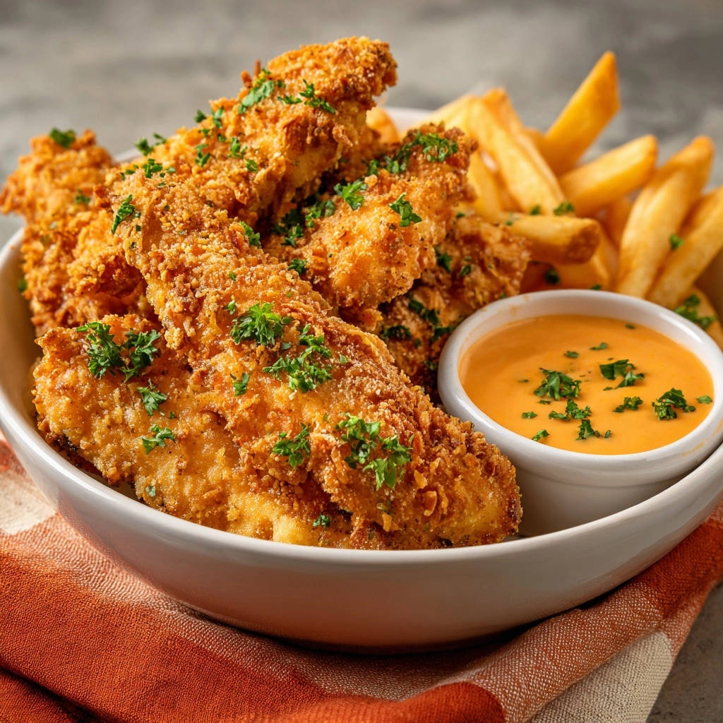 Crispy chicken tenders with french fries and a side of dipping sauce, garnished with fresh parsley.
