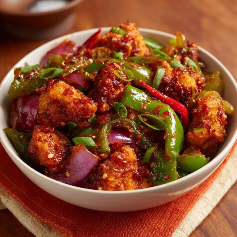 Crispy chili cauliflower served in a white bowl, featuring a close-up view of the spicy dish with peppers and onions.