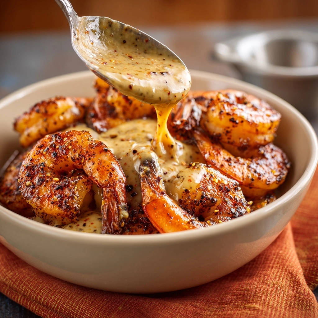 Crispy garlic pepper shrimp with a creamy sauce being drizzled from a spoon over the top.