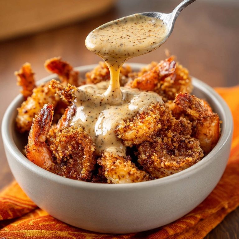 Crispy garlic pepper shrimp with a creamy sauce being poured from a spoon in a bowl.