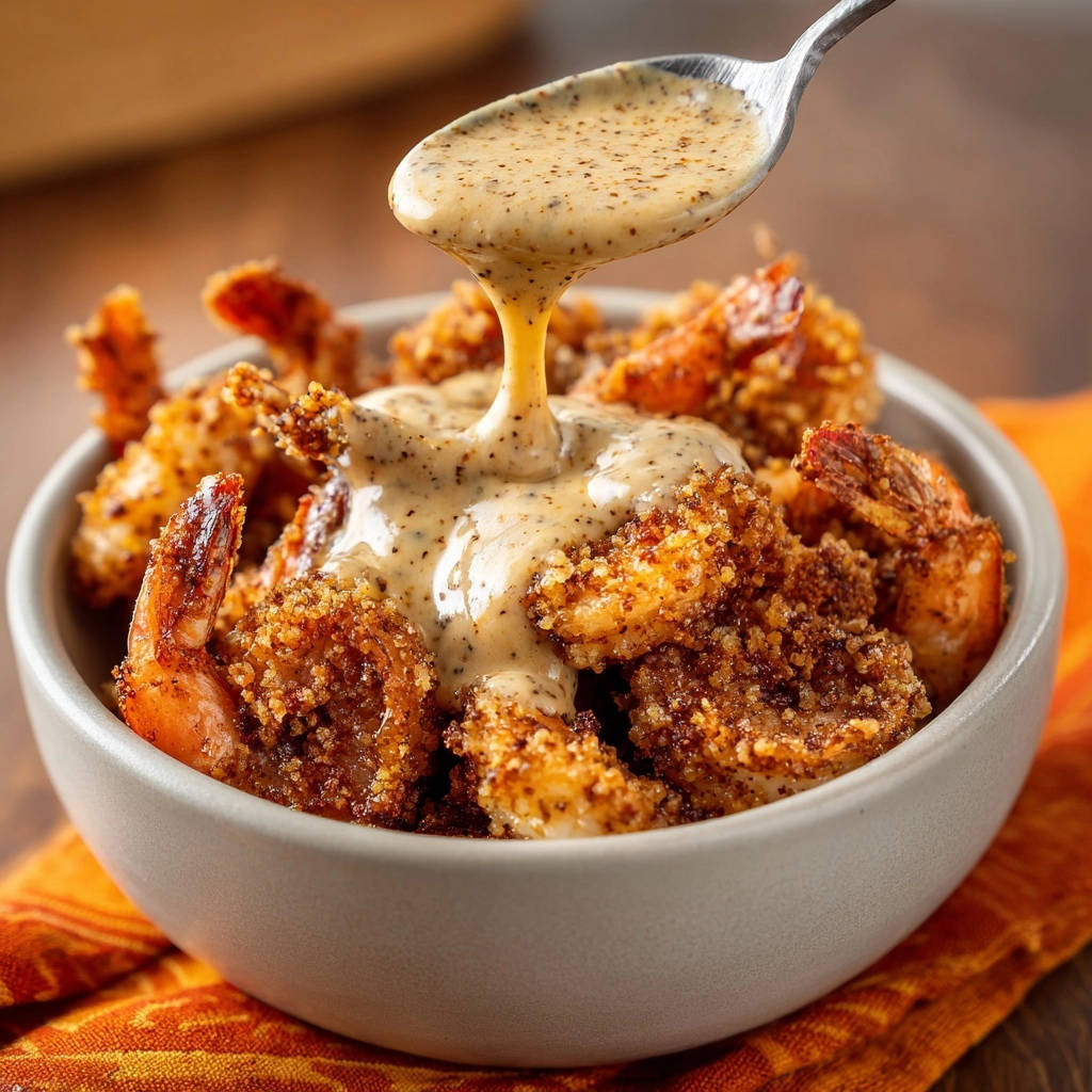Crispy garlic pepper shrimp with a creamy sauce being poured from a spoon in a bowl.