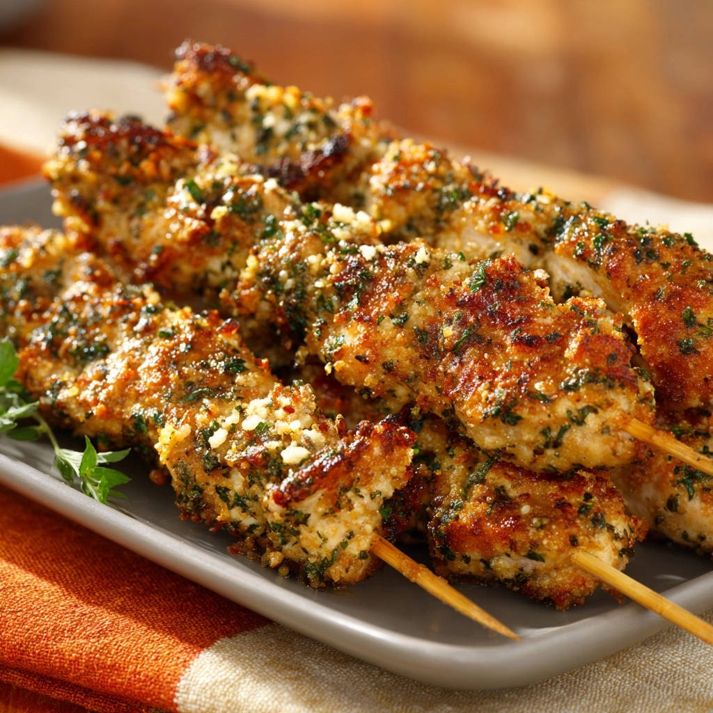 Crispy herb chicken skewers shown close-up on a grey plate, highlighting their golden-brown, herb-crusted exterior.