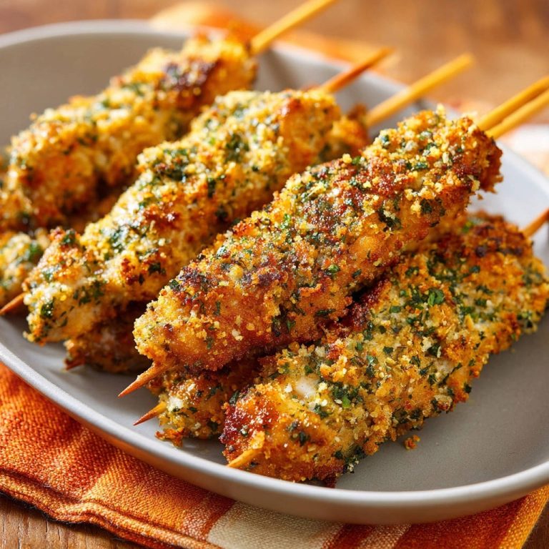 Crispy herb chicken skewers showcasing their golden-brown, textured coating on a grey plate.