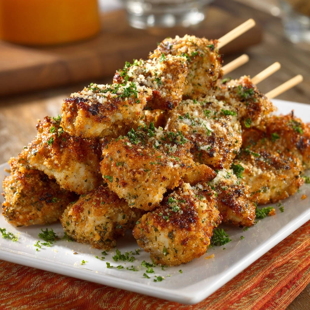 Crispy Parmesan Chicken Skewers stacked artfully on a white platter, garnished with fresh parsley.