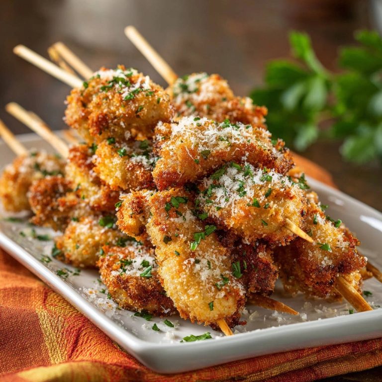 Crispy Parmesan Chicken Skewers stacked on a white platter, garnished with parsley and grated cheese.
