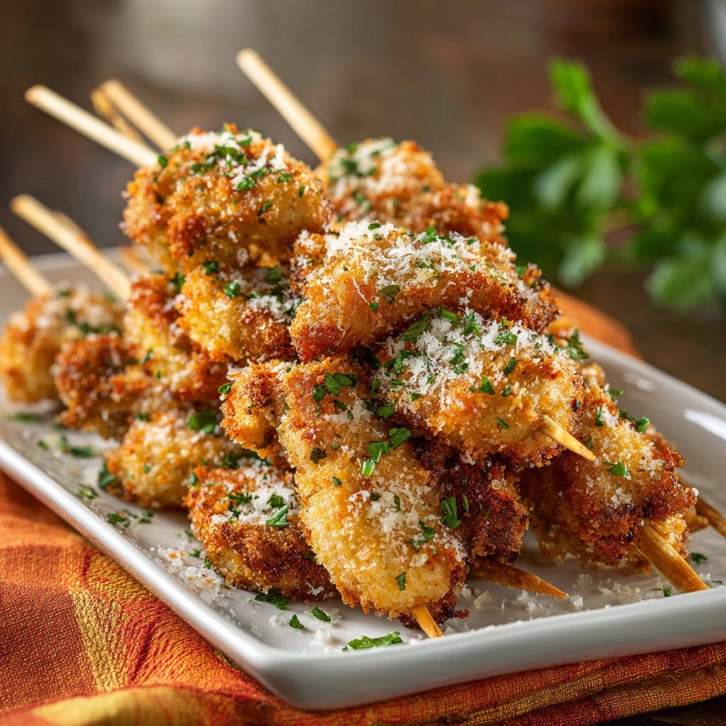 Crispy Parmesan Chicken Skewers stacked on a white platter, garnished with parsley and grated cheese.