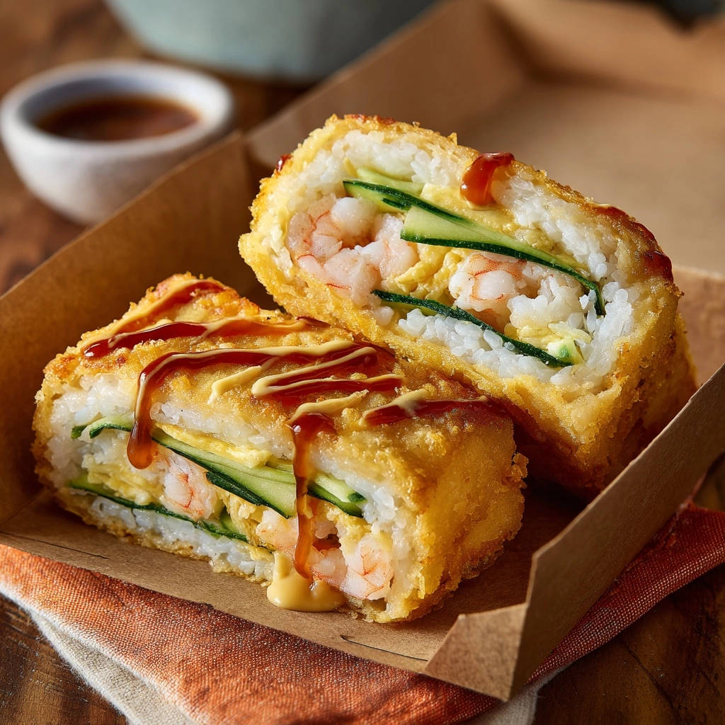 Crispy shrimp sushi sandwiches cross-section showing layers of shrimp, cucumber, and egg with sauces drizzled on top.