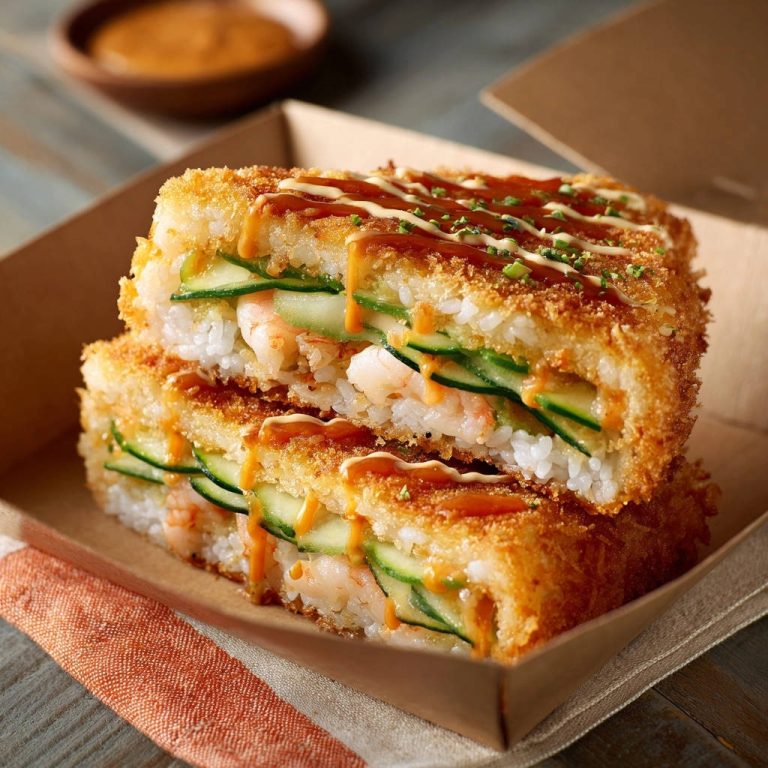 Crispy shrimp sushi sandwiches stacked and sliced to reveal the layers of shrimp, cucumber, and rice filling.