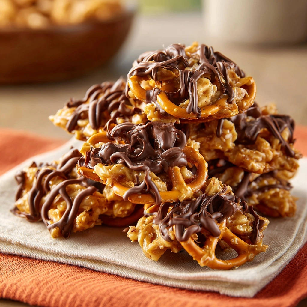 Crunchy peanut butter pretzel clusters drizzled with rich chocolate, showing a close-up texture and detail.
