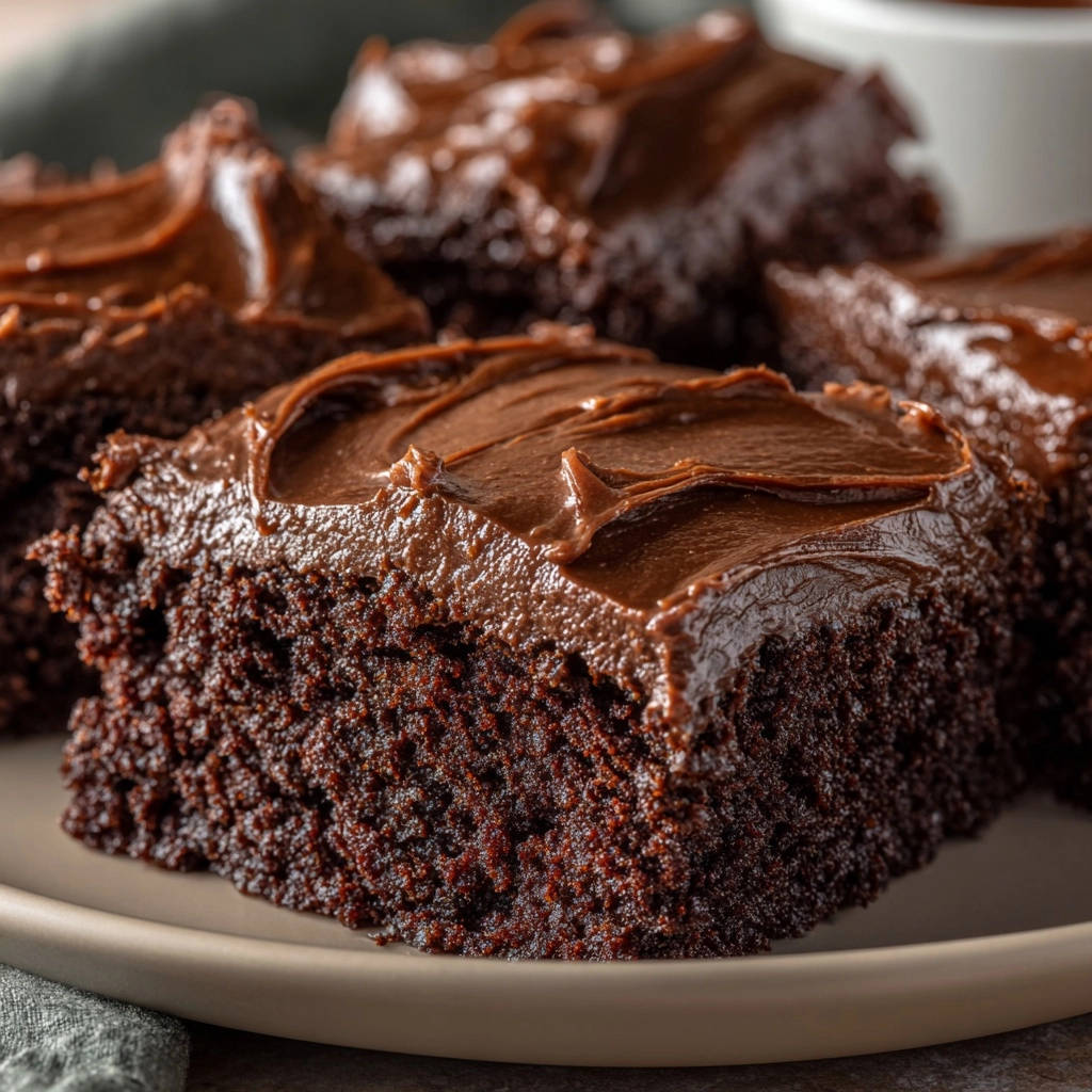 Decadent chocolate fudge cake close-up slice showing moist interior texture and rich frosting.
