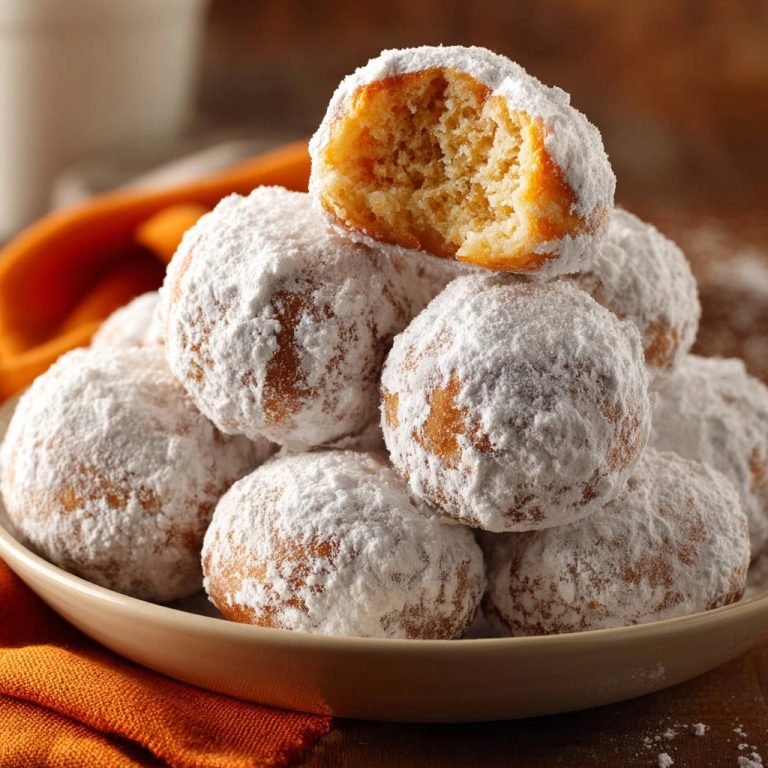 Donut holes, a cross-section revealing the fluffy interior, dusted generously with powdered sugar.