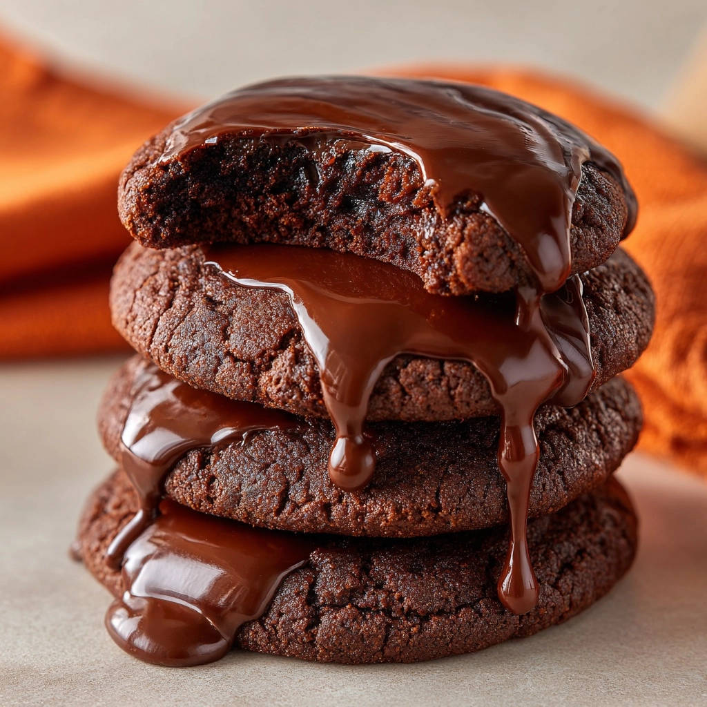Double chocolate fudge cookies with a rich melted chocolate glaze dripping down the stack.