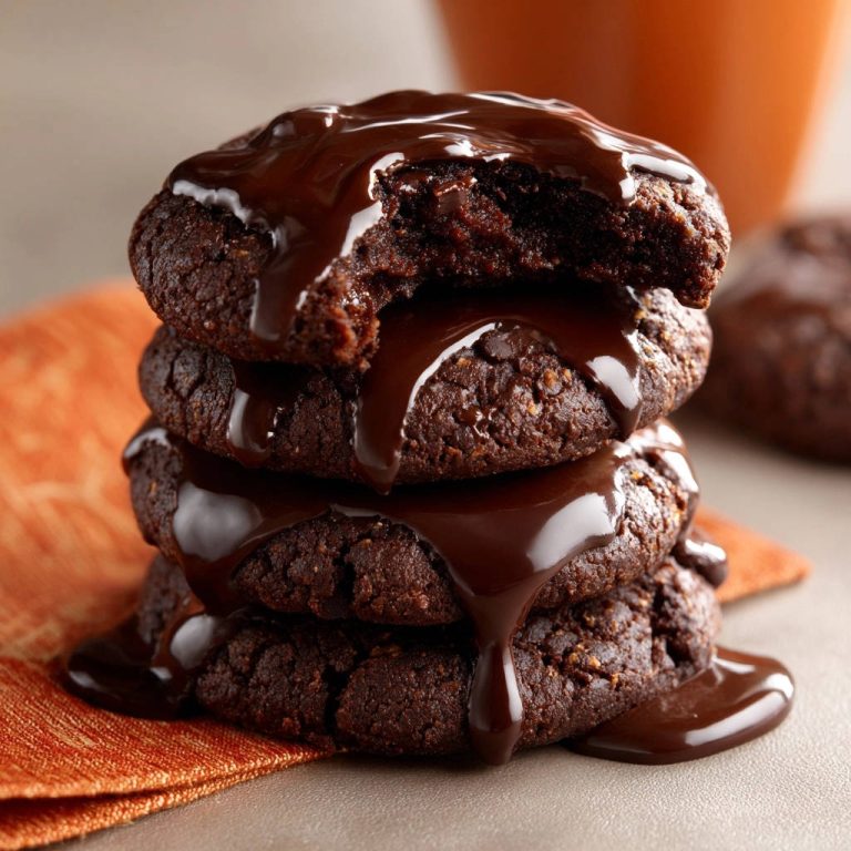 Double Chocolate Fudge Cookies with a rich melted chocolate glaze stacked high on an orange napkin.