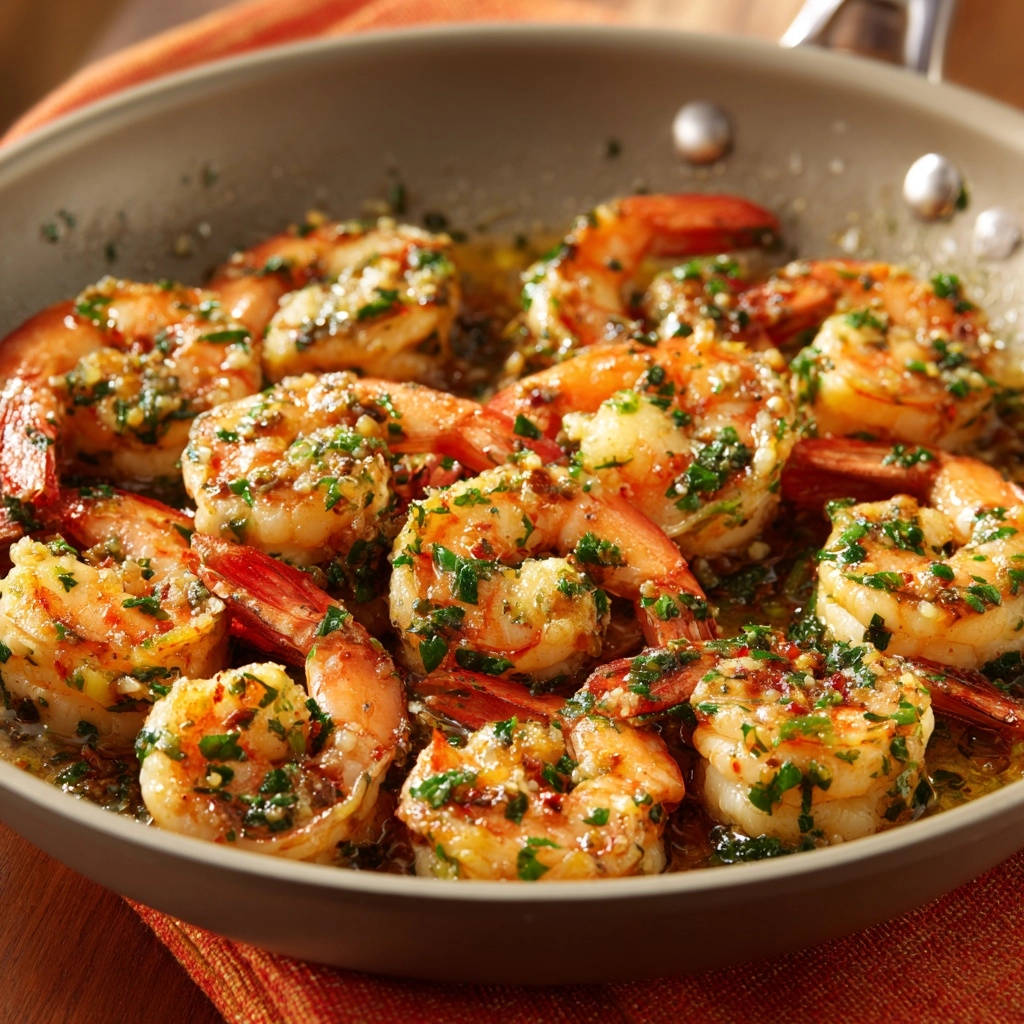 Easy Garlic Herb Shrimp are glistening in a skillet, showcasing a close-up view of their tender texture and fresh herb coating.