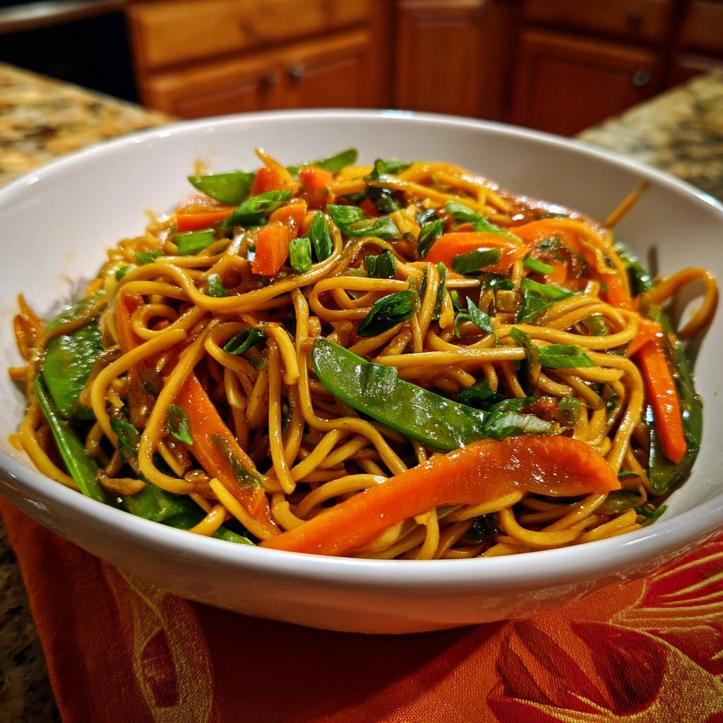 Easy Veggie Lo Mein served in a white bowl, showcasing noodles with carrots and snap peas in a glossy sauce.
