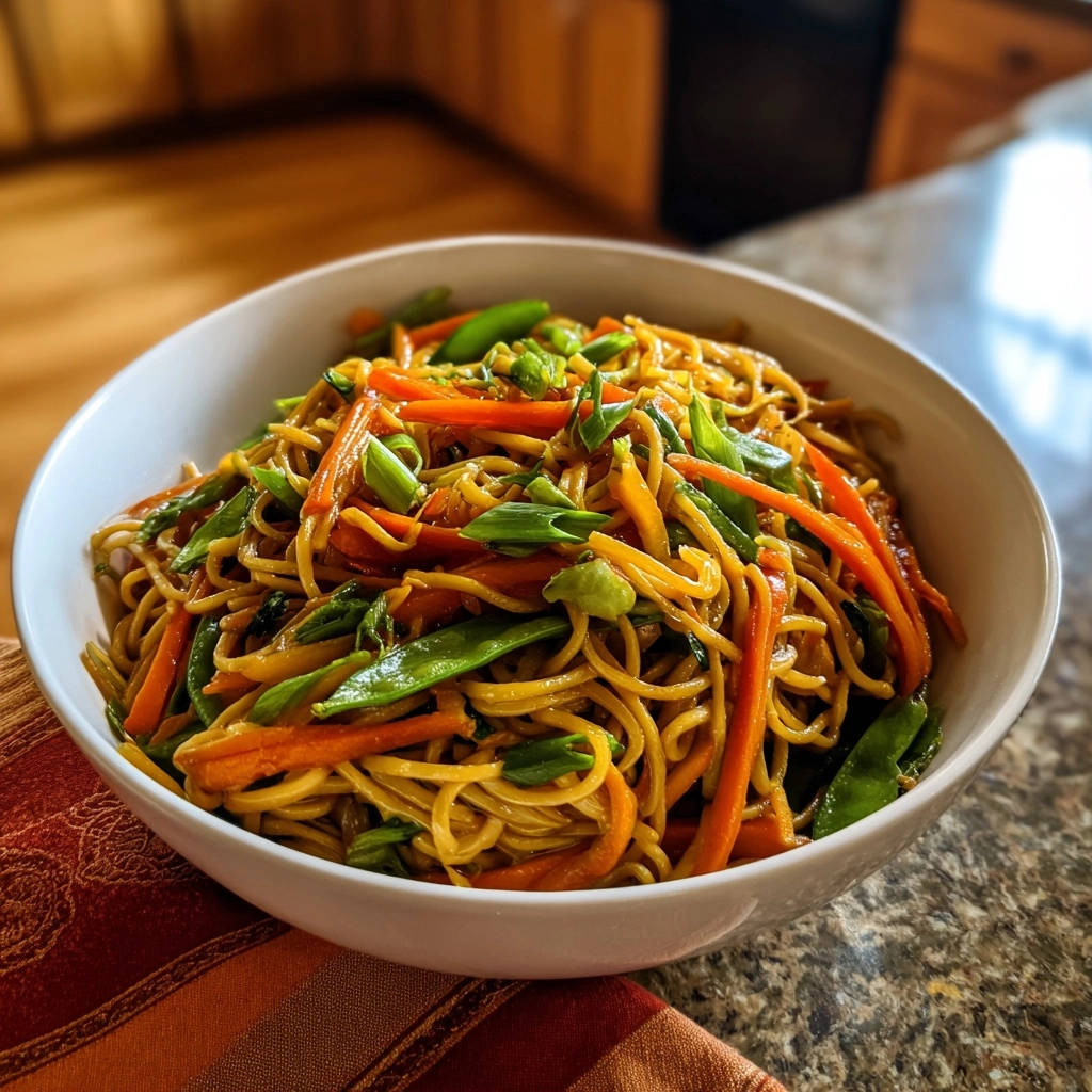 Easy veggie lo mein served in a white bowl, showcasing noodles, carrots, and snap peas from a side angle.