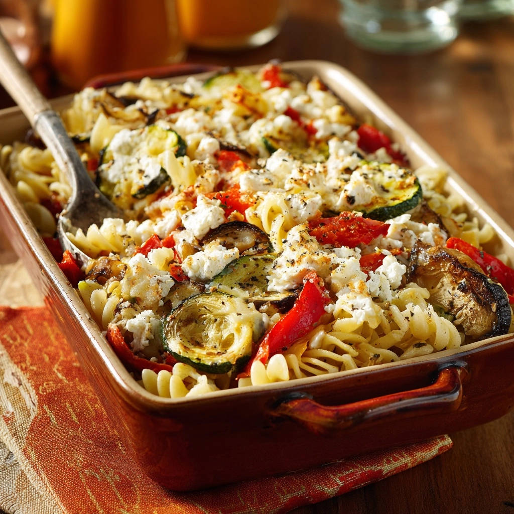 Easy veggie pasta bake with fusilli pasta, zucchini, red peppers, and crumbled feta cheese, shown in a close-up view.