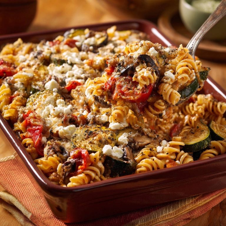 Easy veggie pasta bake served with a spoonful showing rotini pasta, zucchini, and tomatoes.