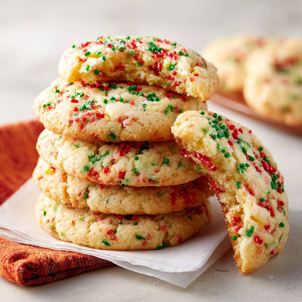 Festive Funfetti Cookies, a stack of tender cookies with red and green sprinkles, showing a close-up view of their texture.