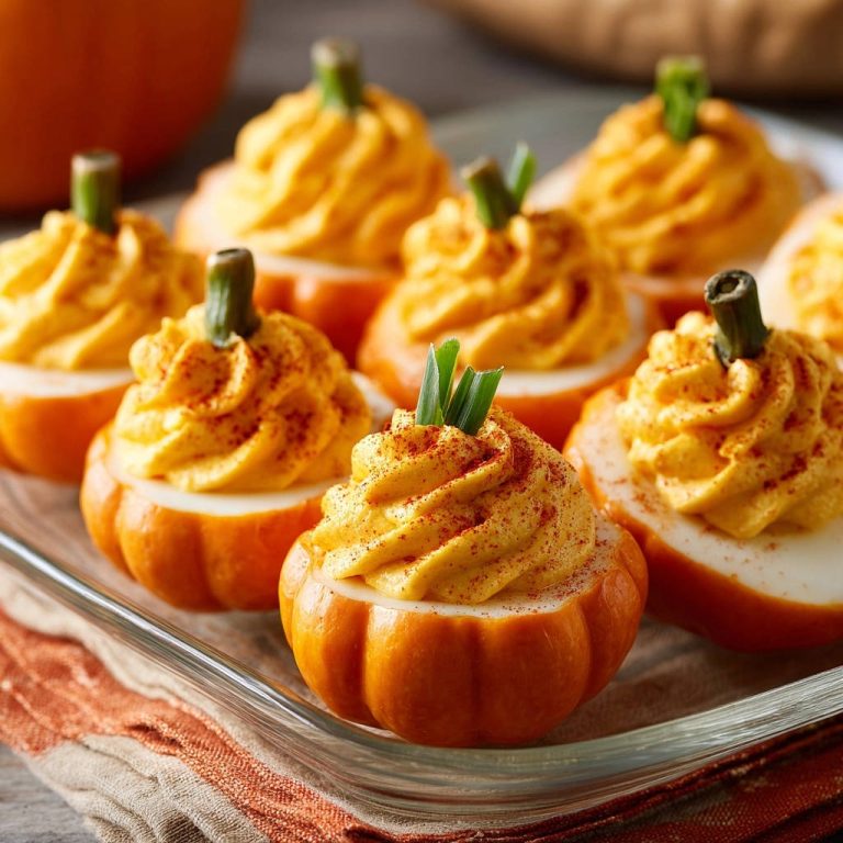 Festive pumpkin deviled eggs with paprika and chives, presented in a clear glass dish.