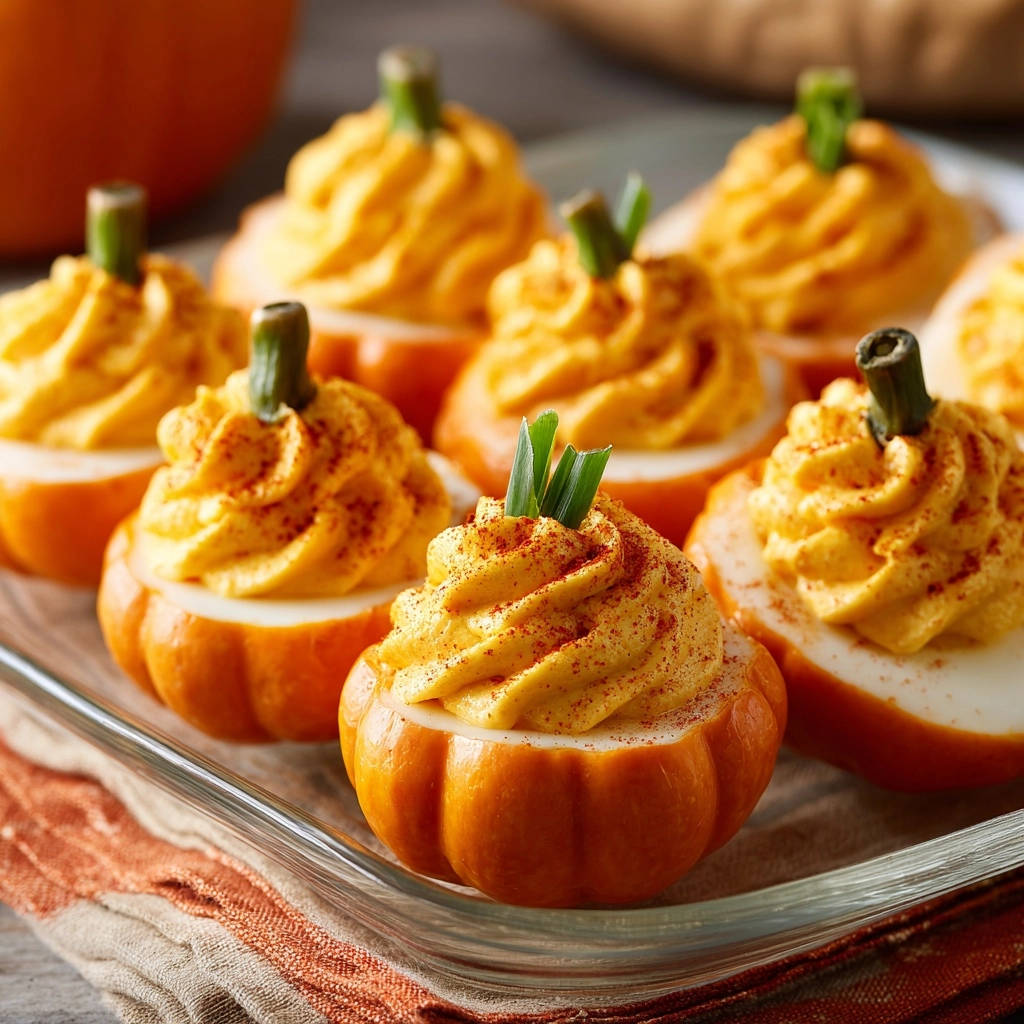 Festive pumpkin deviled eggs with paprika and chives, presented in a clear glass dish.