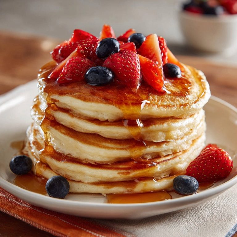 Fluffy stack pancakes drizzled with syrup and topped with fresh strawberries and blueberries, captured in a close-up view.